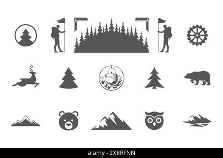 Camping et aventures en plein air éléments de conception et icônes Set illustration vectorielle. Montagnes, animaux sauvages et autres. Bon pour les t-shirts, les tasses, les salutations Illustration de Vecteur