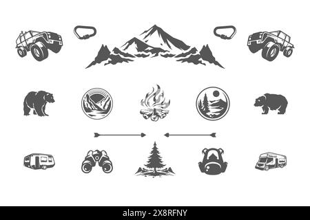 Camping et aventures en plein air éléments de conception et icônes Set illustration vectorielle. Montagnes, animaux sauvages et autres. Bon pour les t-shirts, les tasses, les salutations Illustration de Vecteur