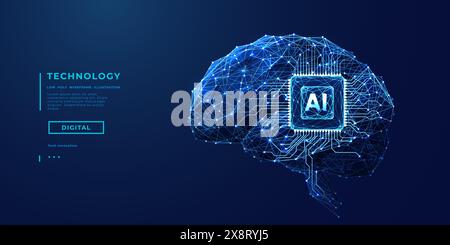 Cerveau numérique abstrait avec puce ai et circuit en bleu. Technologie bg Illustration de Vecteur