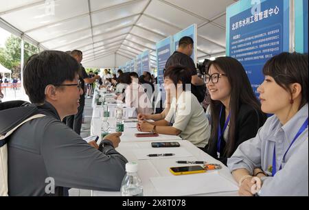 Pékin, Chine. 27 mai 2024. Un demandeur d’emploi consulte lors d’un salon de l’emploi dédié aux personnes handicapées à Pékin, capitale de la Chine, le 27 mai 2024. À la fin de 2023, le taux d'emploi des personnes handicapées en âge de travailler à Beijing avait atteint 68,5 %. Crédit : Li Xin/Xinhua/Alamy Live News Banque D'Images