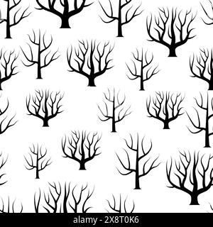 Arbres incurvés noirs et blancs sans arrière-plan de feuilles. Texture sans couture de forêt vectorielle. Illustration de Vecteur