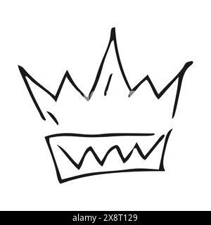 Couronne dessinée à la main. Simple croquis de graffiti reine ou couronne de roi. Couronnement impérial royal et symbole monarque. Pinceau noir doodle isolé sur fond blanc Illustration de Vecteur