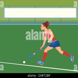 Femme jouant au hockey Feld, frappez la balle avec un bâton de hockey sur gazon. Champ avec lignes et bannière publicitaire sur clôture. Illustration de Vecteur