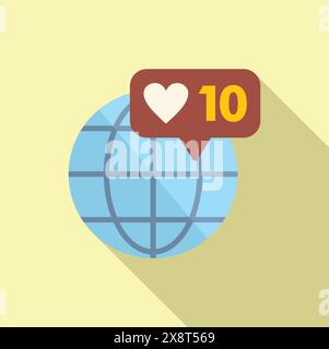 Design plat d'un globe terrestre avec une notification cardiaque, symbolisant les interactions mondiales en ligne Illustration de Vecteur
