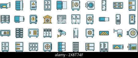 Les icônes de la salle de dépôt définissent le vecteur de contour. Caisse à billets. Couleur de ligne mince d'accès de sécurité plat sur blanc Illustration de Vecteur