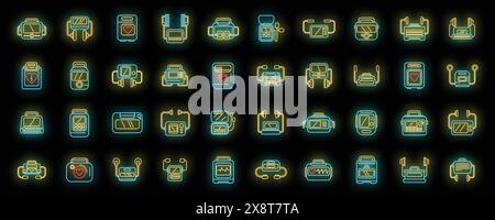 Les icônes du défibrillateur définissent le vecteur de contour. Ambulance d'aide. Couleur néon électrique automatisée sur noir Illustration de Vecteur