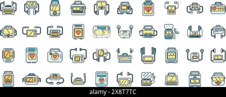 Les icônes du défibrillateur définissent le vecteur de contour. Ambulance d'aide. Couleur de ligne mince électrique automatisée à plat sur blanc Illustration de Vecteur