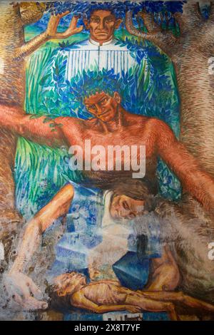 Peinture murale de la guerre de la conquête, peinte par Elio Carmichael Jimenez en 1983, Fort San Felipe, construit en 1733, Laguna Bacalar, Quintana Roo, Mexique Banque D'Images