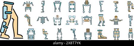 Les icônes d'exosquelette définissent le vecteur de contour. Corps cyber. Couleur fine avancée future plate sur blanc Illustration de Vecteur