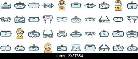 Les icônes de lunettes virtuelles définissent le vecteur de contour. Réalité VR. Oculus vidéo couleur de ligne mince plat sur blanc Illustration de Vecteur