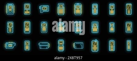 Les icônes de compteur laser définissent le vecteur de contour. Distance de niveau. Mètre numérique couleur néon sur noir Illustration de Vecteur