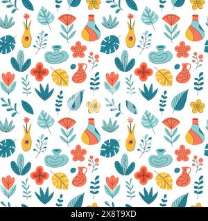 Un motif floral coloré avec différentes formes et tailles de fleurs et de feuilles. Les fleurs sont disposées de manière à créer un sentiment de mouvement et Illustration de Vecteur