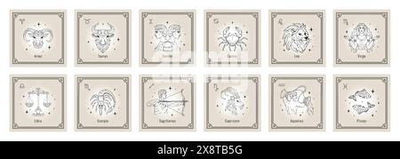 Signes du zodiaque. Icônes astrologiques de Verseau, cancer et Taureau, logo ou symbole de ligne de balance, Capricorne et Bélier. Les symboles d'horoscope traditionnels collectent Illustration de Vecteur