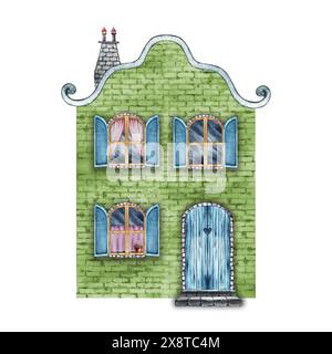 Une vieille maison européenne, une fabuleuse, mignonne, maison verte de deux étages dans un style vintage. L'illustration aquarelle est dessinée à la main. Isoler. Pour imprimer, enfant Banque D'Images