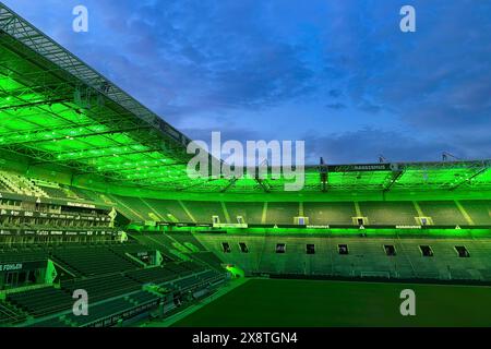 Stade de football Borussiapark sans spectateurs, illuminé en vert, coucher de soleil, Moenchengladbach, Allemagne Banque D'Images