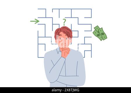 Homme d'affaires pense à la façon de devenir riche et obtenir de l'argent de la société, debout près du labyrinthe Illustration de Vecteur