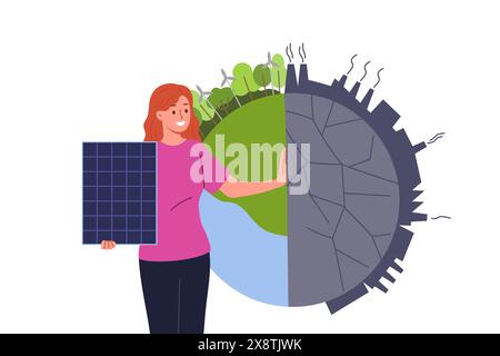 Femme éco activiste avec des panneaux solaires près de la planète, appelant au développement de l'énergie alternative Illustration de Vecteur