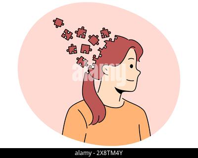 Femme avec tête de puzzle comme métaphore pour le chaos dans la tête et le manque de planification pour résoudre des tâches. Fille avec des problèmes psychologiques sourit dans le besoin de se débarrasser du chaos dans les pensées pour atteindre l'équilibre mental. Illustration de Vecteur