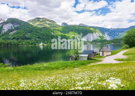 Lac Grundlsee, prairie fleurie, Villa Roth Schloss Château de Grundlsee, montagne Totes Gebirge Grundlsee Ausseerland-Salzkammergut Steiermark, Styri Banque D'Images