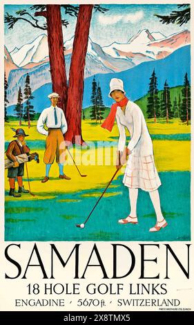 Affiche de voyage sportive vintage. Publicité Golf à Samaden Suisse, vers 1920 Banque D'Images