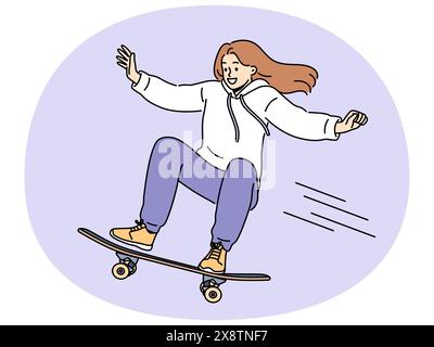 Une jeune femme courageuse fait des cascades aériennes en rebondissant sur une rampe dans un parc à roulettes. Jeune femme souriante à la planche à roulettes et à la pratique de sports extrêmes qui souhaitent devenir skateboarder professionnel Illustration de Vecteur