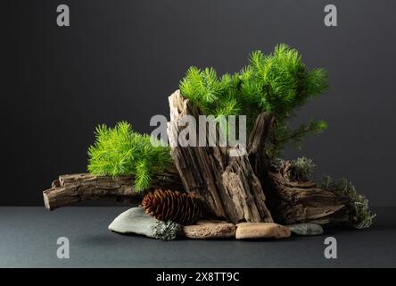 Scène de nature abstraite avec une composition de branches d'épinette, de pierres et d'accrocs secs. Arbre miniature traditionnel japonais de bonsaï sur fond noir. Banque D'Images