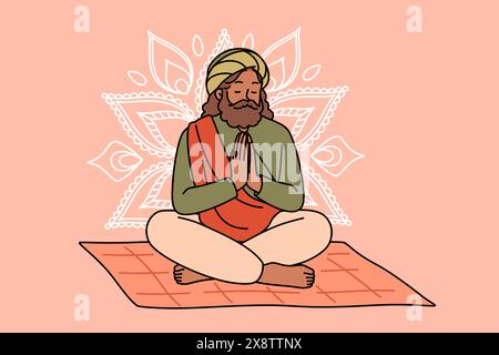 Méditer l'homme indien fakir prie assis sur le tapis avec le signe mandala derrière le dos. Méditer un gourou adulte avec la barbe fait un geste de prière, exécutant des pratiques ésotériques et spiritualistes Illustration de Vecteur