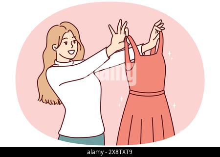 Femme examine belle robe de soirée choisir la tenue pour aller à la balle ou fête. Le magasin de vêtements pour filles propose une élégante robe de la dernière collection du célèbre créateur de mode Illustration de Vecteur