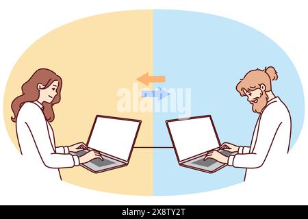 Travail d'équipe de l'homme et de la femme travaillant à distance via des ordinateurs portables sur le projet et échangeant des informations via Internet. Concept travail d'équipe et changement simultané d'un document par différentes personnes Illustration de Vecteur