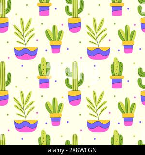 Un motif coloré sans couture avec des cactus et d'autres plantes abstraites en pot. Plantes d'intérieur dans des pots de fleurs lumineux. Illustrations de dessins animés sur un backgrou blanc Illustration de Vecteur