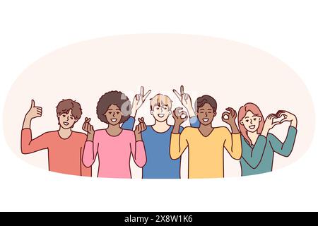 Une équipe composée de personnes de sexe et d'âge différents ou de nationalités différentes se pose ensemble pour une photo de groupe. Des gens multiraciaux travaillant ou étudiant dans une même équipe souriant et montrant des gestes amicaux Illustration de Vecteur