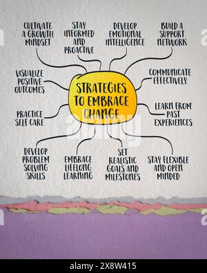 stratégies pour embrasser le changement, le concept de développement commercial et personnel, croquis de carte mentale infographique sur papier d'art. Banque D'Images
