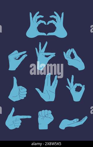 Ensemble de gestes de mains sur un fond bleu. Faire du coeur, signe OK, pouce vers le haut, geste de mesure, main coupée, poing. Illustration vectorielle Illustration de Vecteur