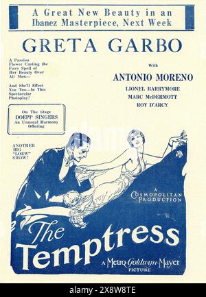 Ad art de GRETA GARBO et ANTONIO MORENO dans LA TEMPTRESS 1926 réalisateurs MAURITZ STILLER et FRED NIBLO roman VICENTE Blasco IBANEZ producteur IRVING THALBERG Metro Goldwyn Mayer Banque D'Images