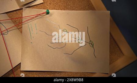 Planche avec notes et fils. Film de stock. Rébus sur des notes avec fil rouge. Gros plan d'images mystérieuses sur des notes avec fil rouge dans le bureau de nuit Banque D'Images
