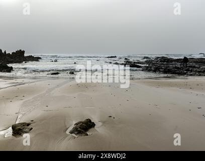 Une scène tranquille sur la plage d'Amoreira au Portugal, avec des rochers couverts de brume et des vagues douces se balançant doucement contre le rivage sablonneux. L'atmosphère sereine Banque D'Images