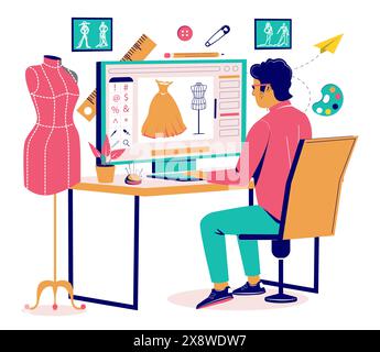 Personnage de dessin animé de designer de mode travaillant sur ordinateur portable Illustration de Vecteur