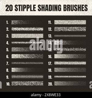 Pinceau dispersé à stipple, dessin à l'encre et texturation. Dégradé de fondu. Pointillés, dessin dotwork, ombrage à l'aide de points. Effet de désintégration des demi-tons Illustration de Vecteur