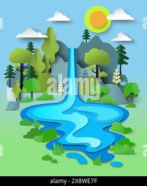 Cascade enchantée coulant du paysage de falaise de montagne Illustration de Vecteur
