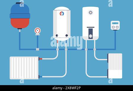 Système de chauffage domestique. Technologies intelligentes de maison ou d'appartements économes en énergie. Chaudières et batteries de pièce avec thermostat, concept de vecteur décent Illustration de Vecteur