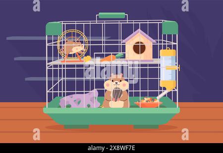 Hamsters en cage. Hamster gras de dessin animé avec un ami, animaux mignons domestiques et équipement. Animaux moelleux, mascottes enfantines, scène vectorielle de nos jours Illustration de Vecteur