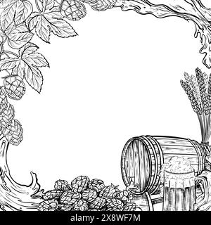 Un cadre avec une tasse de bière, un tonneau, du malt de grain, du houblon. Ingrédients pour le brassage. Une illustration avec des graphiques vectoriels en noir et blanc. Pour la desig. D'étiquette Illustration de Vecteur