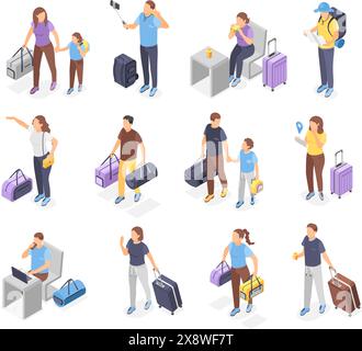 Voyageurs isométriques. Hommes femmes avec bagages, sac à dos et valises en attente de transport. Passagers avec du café et des sacs, ensemble de vecteurs sans faille Illustration de Vecteur