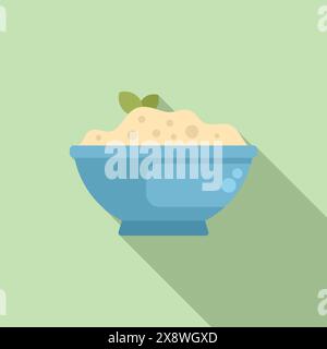 Image vectorielle de conception plate d'un bol bleu rempli de riz sur un fond vert doux Illustration de Vecteur