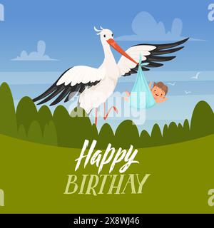 Cigogne affiche d'anniversaire avec nouveau fond de dessin animé vectoriel né de bébé Illustration de Vecteur