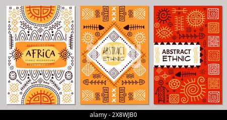 Affiches africaines. Authentiques symboles géométriques tribaux dessinés formes abstraites récentes placards vectoriels ensemble de conception Illustration de Vecteur