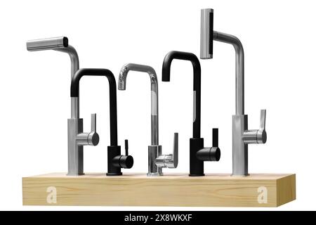 Une rangée de robinets est affichée sur une étagère en bois. Les robinets sont de différentes formes et tailles, et ils sont disposés de manière à mettre en évidence leur Banque D'Images