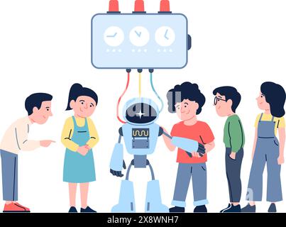 Enfants et robot. Les petits enfants créent et programment le cyborg. Leçon de fabrication Android, cours modernes de technologies intelligentes, scène vectorielle récente Illustration de Vecteur