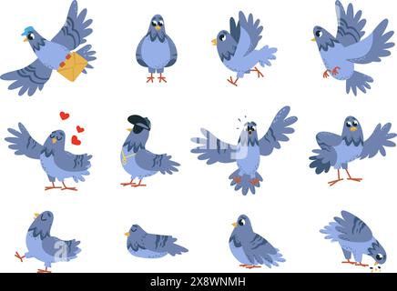 Ensemble drôle de pigeon. Pigeons isolés, oiseaux dans différentes poses avec des émotions. Dessin animé oiseau urbain mangeant, dormant, volant, personnages vectoriels classe Illustration de Vecteur