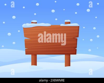 Panneau d'affichage en bois d'hiver. Panneau d'affichage en bois vide dans la neige. Bannière pôle Nord, élément noël ou nouvel an. Tableaux d'annonce de dessin animé de nos jours fond de vecteur Illustration de Vecteur